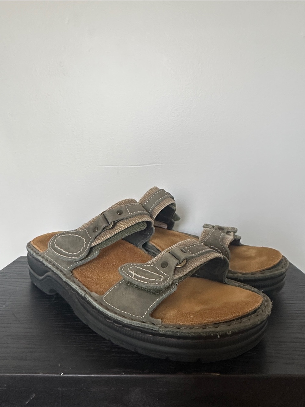 Women's Olive Green Leather Slide Sandals
